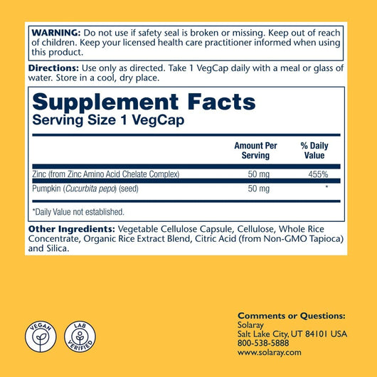 Solaray Zinc Citrate 50mg Enhanced Absorption with Pumpkin Seed 60 vegcaps