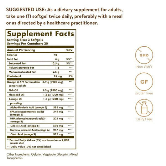 Solgar 1300 MG Omega 3-6-9 Fish Flax Borage 60 Softgels