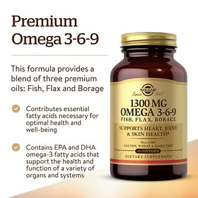 Solgar 1300 MG Omega 3-6-9 – Fish, Flax & Borage Softgels, 60 Count