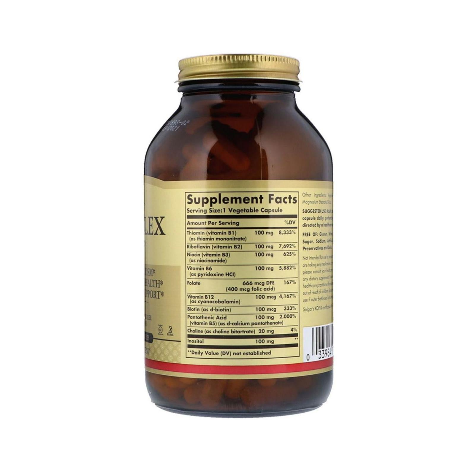 Solgar B-Complex 100 Vitamin B Complex Gluten Free Dairy Free Vegan 250 Vegetable Capsules