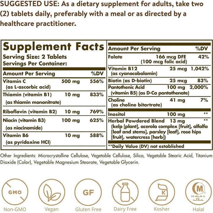 Solgar B-Complex Vitamin B With Vitamin C Stress Formula 100 Tablets