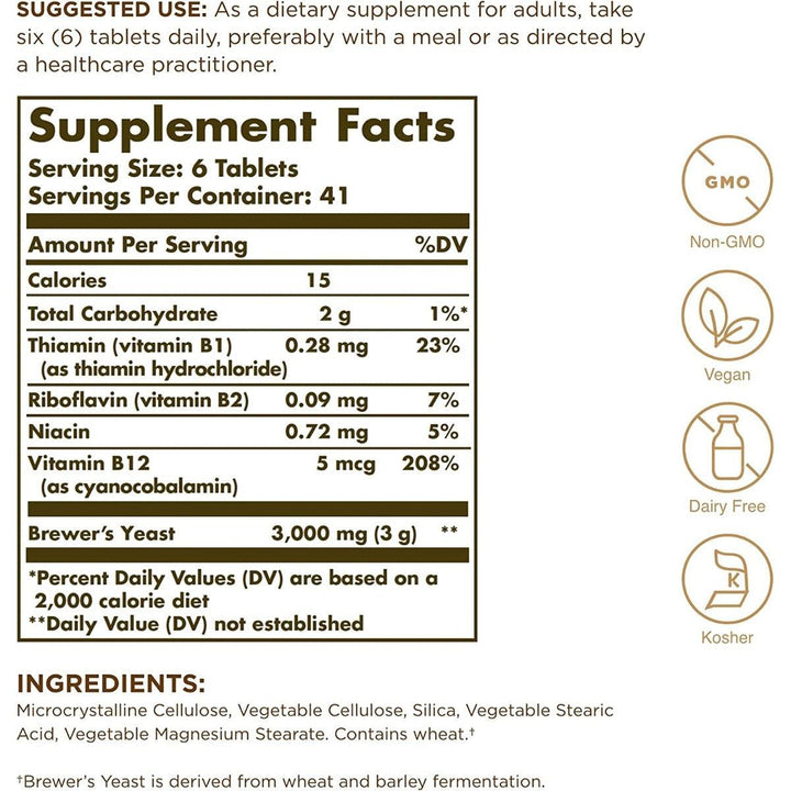 Solgar Brewer's Yeast 7 1/2 Grains with Vitamin B12 Dairy Free 250 Tablets