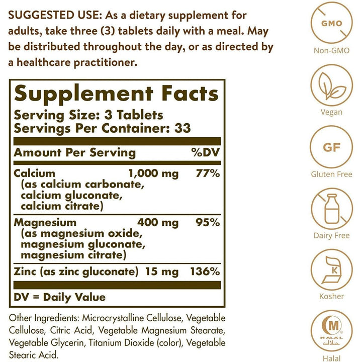 Solgar Calcium Magnesium Plus Zinc Vegan 100 Tablets