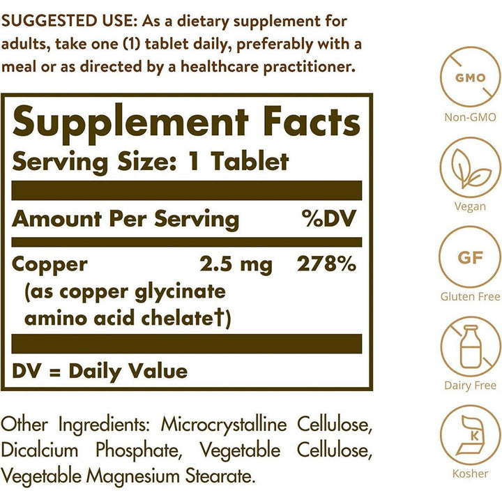 Solgar Chelated Copper Non-GMO Gluten Free Dairy Free Vegan 100 Tablets