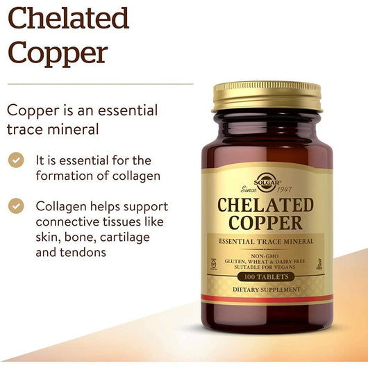 Solgar Chelated Copper Non-GMO Gluten Free Dairy Free Vegan 100 Tablets