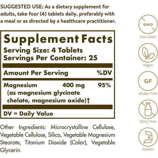 Solgar Chelated Magnesium 400mg as Magnesium Glycinate and Oxide 100 Tablets