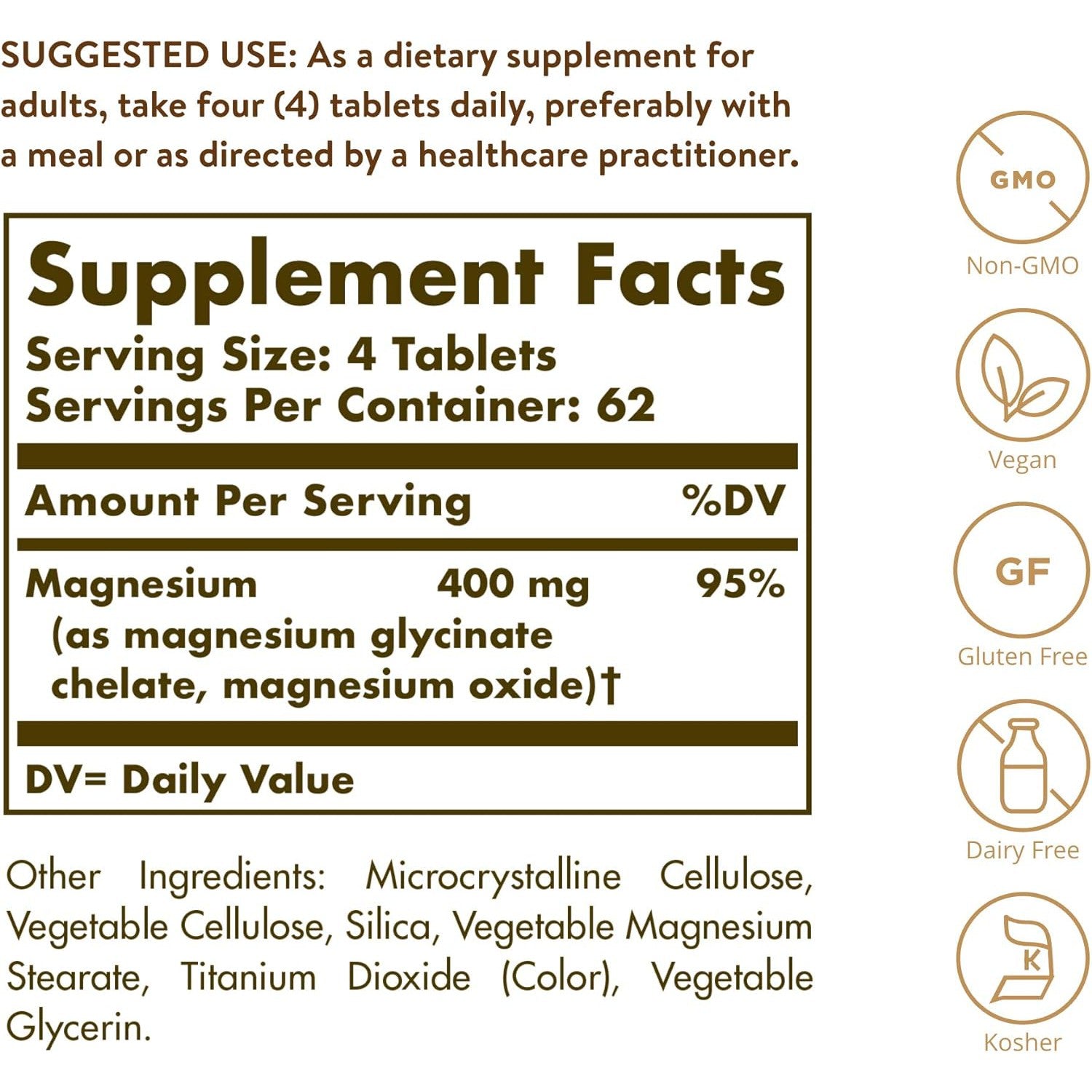 Solgar Chelated Magnesium 400mg as Magnesium Glycinate and Oxide 250 Tablets