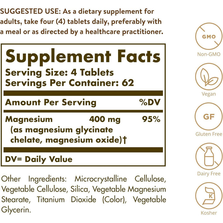 Solgar Chelated Magnesium 400mg as Magnesium Glycinate and Oxide 250 Tablets