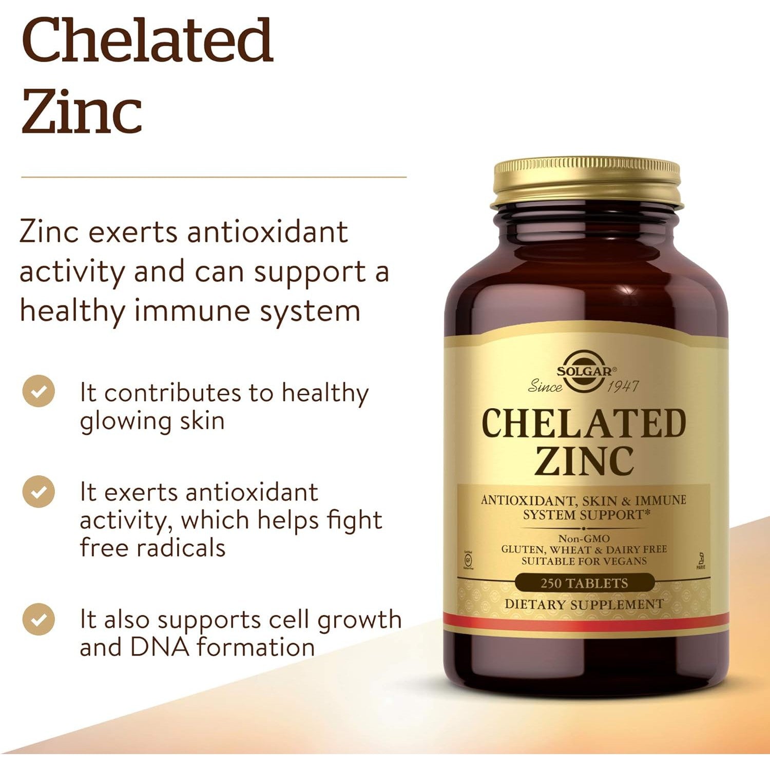 Solgar Chelated Zinc 250 Tablets Suitable for Vegans Gluten Free Dairy Free