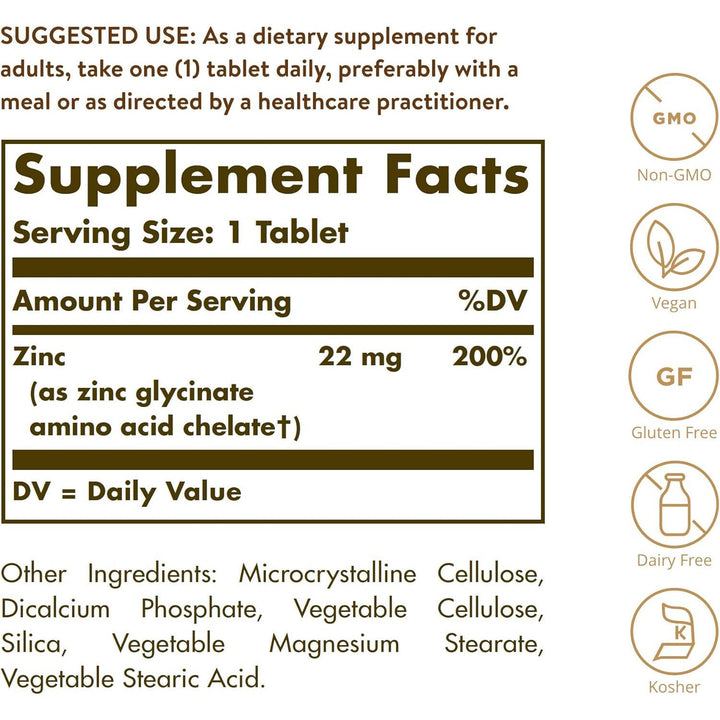 Solgar Chelated Zinc 250 Tablets Suitable for Vegans Gluten Free Dairy Free