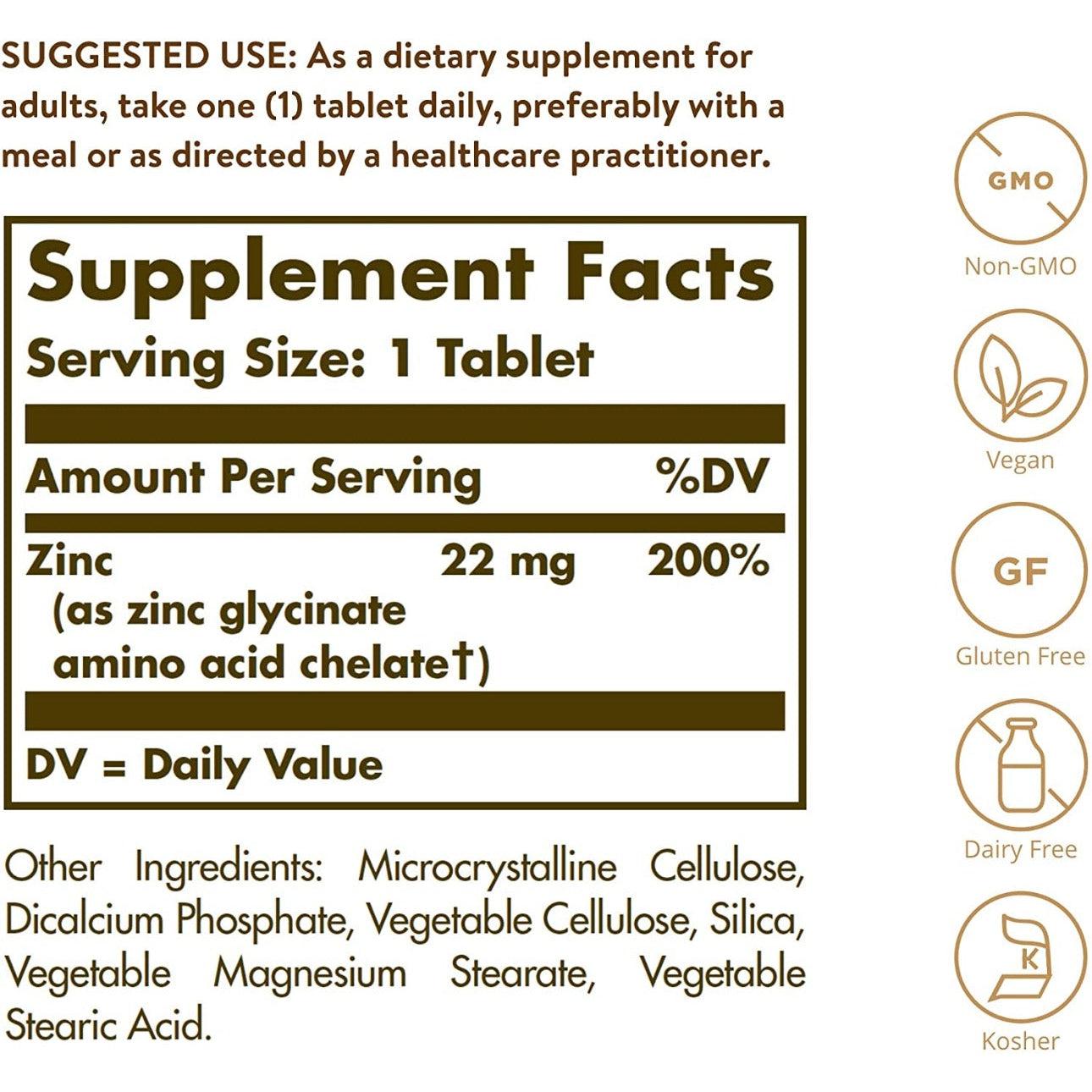 Solgar Chelated Zinc Glycinate Vegan 100 Tablets