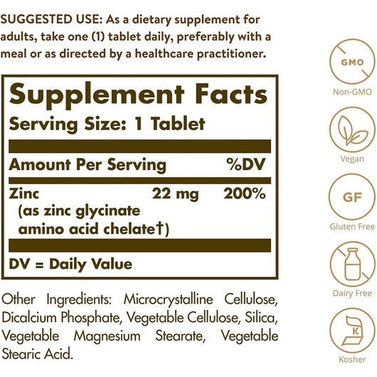 Solgar Chelated Zinc Glycinate Vegan 100 Tablets