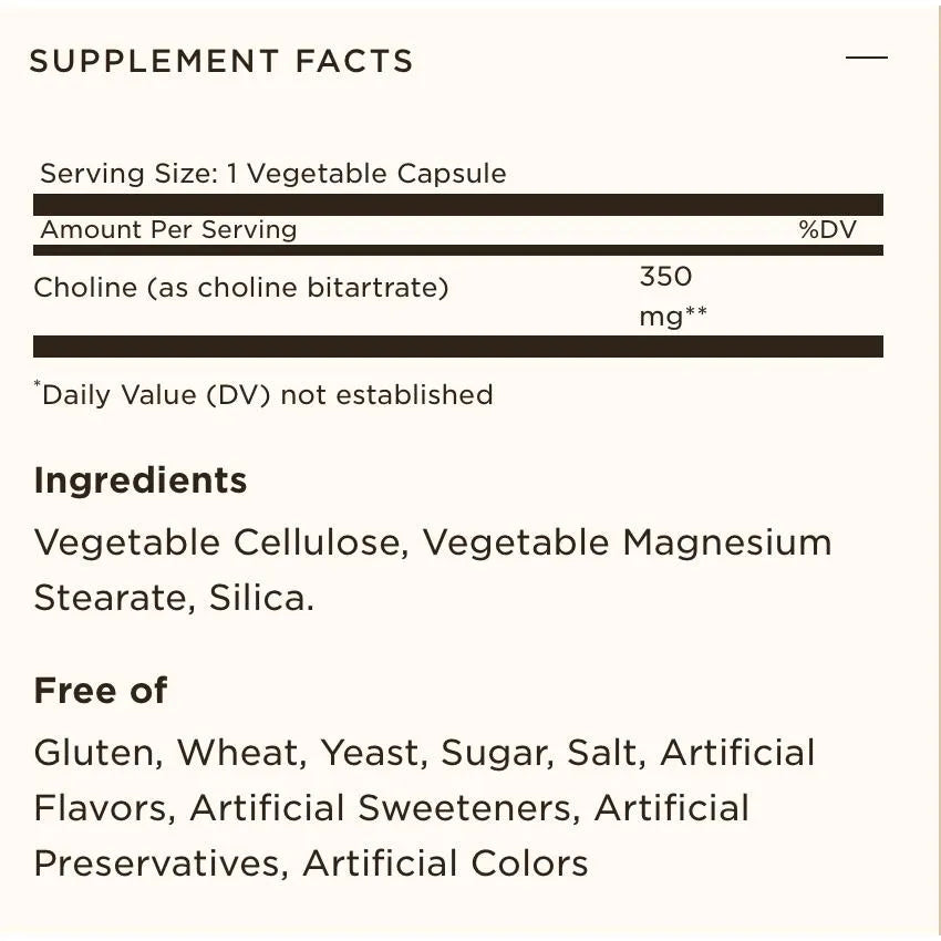 Solgar Choline 350 mg 100 Vegetable Capsules - Vegan Gluten Free Dairy Free
