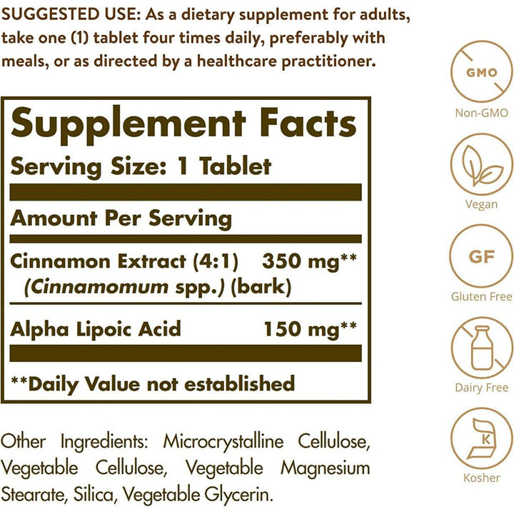 Solgar Cinnamon Alpha Lipoic Acid Antioxidant Health Non-GMO Gluten Free Dairy Free Vegan 60 Tablets