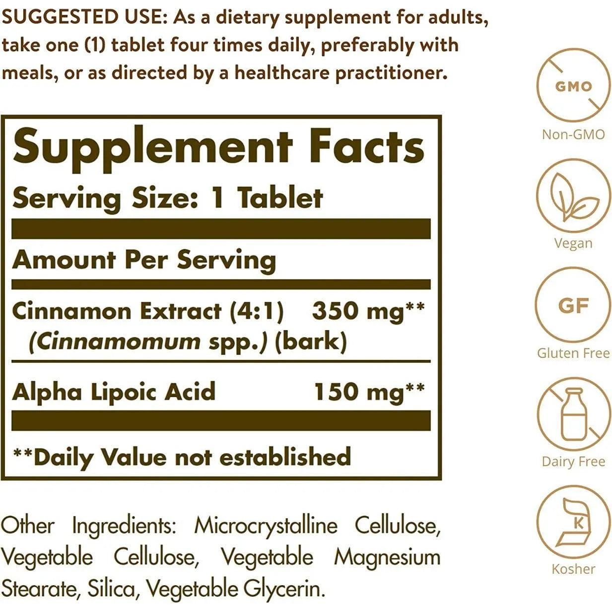 Solgar Cinnamon Alpha Lipoic Acid Antioxidant Health Non-GMO Gluten Free Dairy Free Vegan 60 Tablets