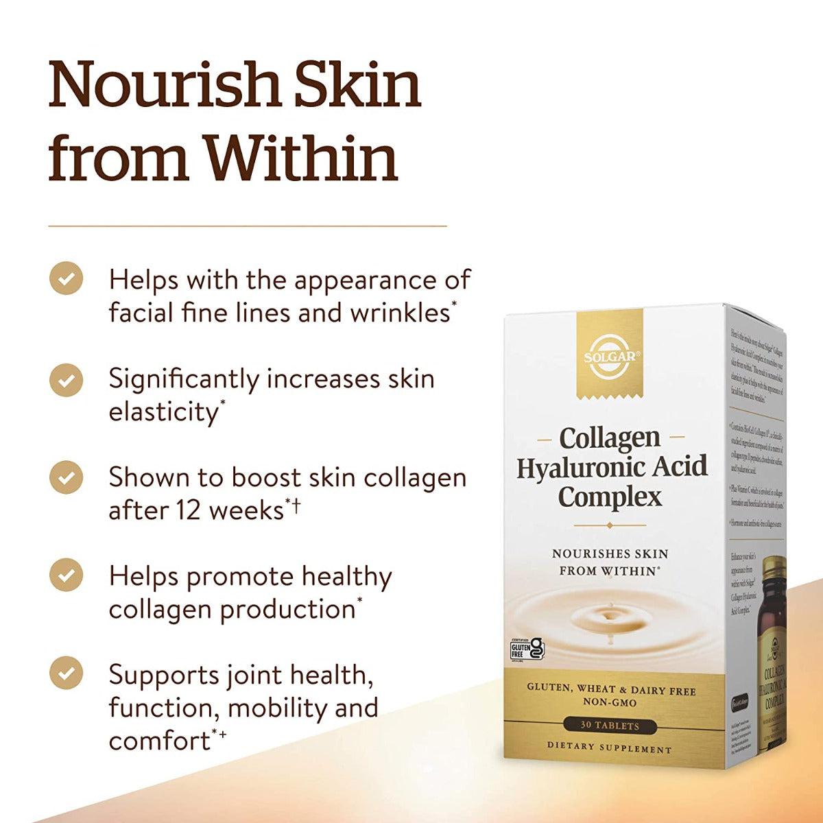 Solgar Collagen Hyaluronic Acid Complex Nourishes Skin From Within Gluten Free Non-GMO 30 Tablets