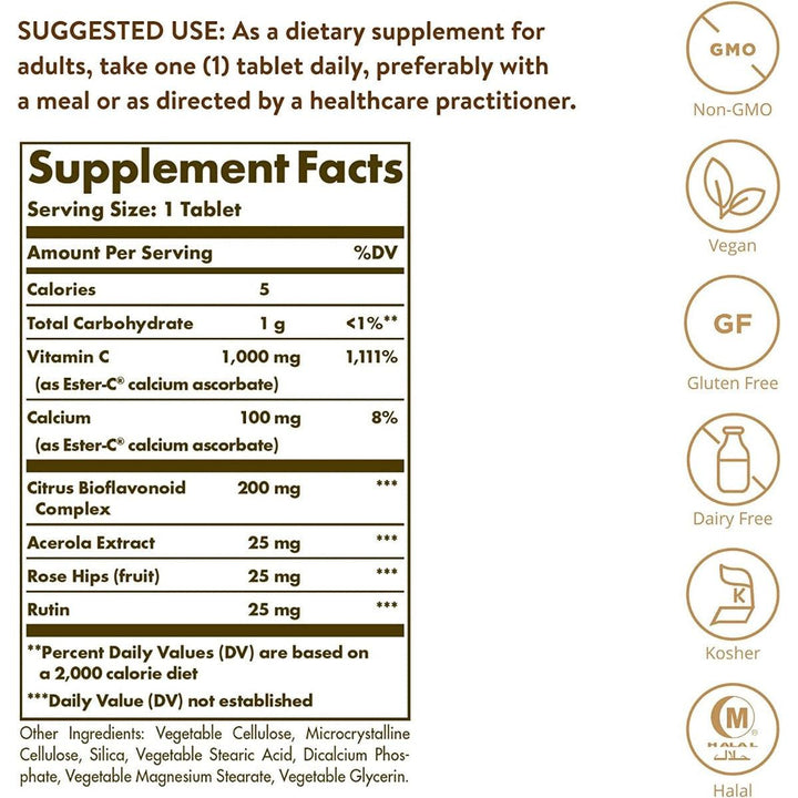 Solgar ESTER-C PLUS 1000 MG Vitamin C Multi Source Immune Support 60 Vegan Tablets