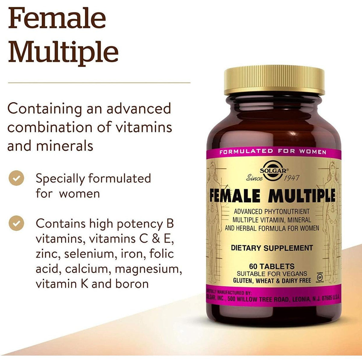 Solgar Female Multiple Advanced Multivitamin, Mineral, And Herbal Formula For Women 60 Tablets