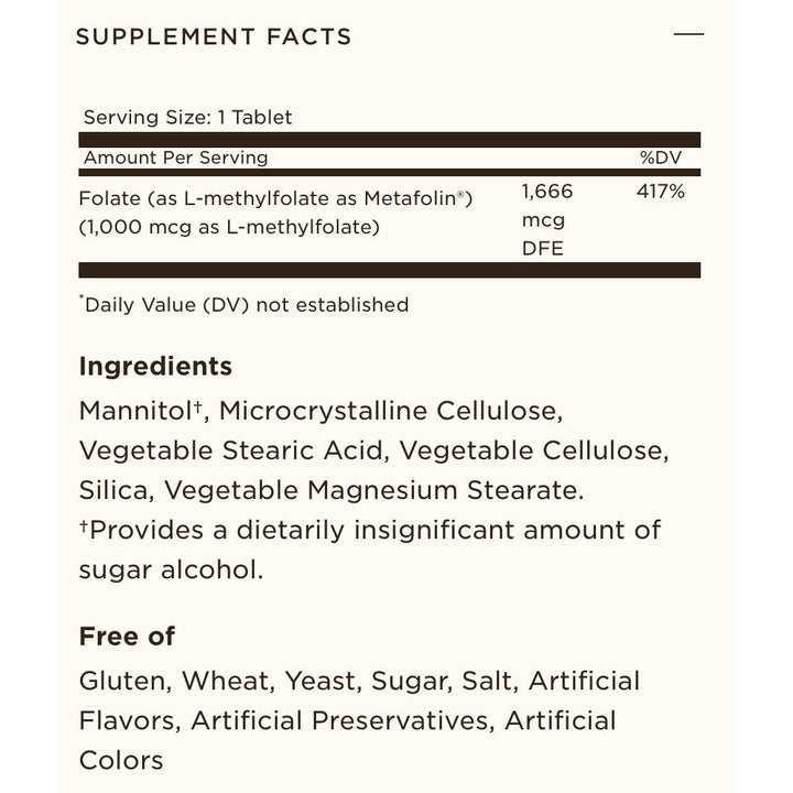 Solgar Folate 1000 MCG (Folic Acid) Vitamin B9 Non-GMO 60 Vegan Tablets