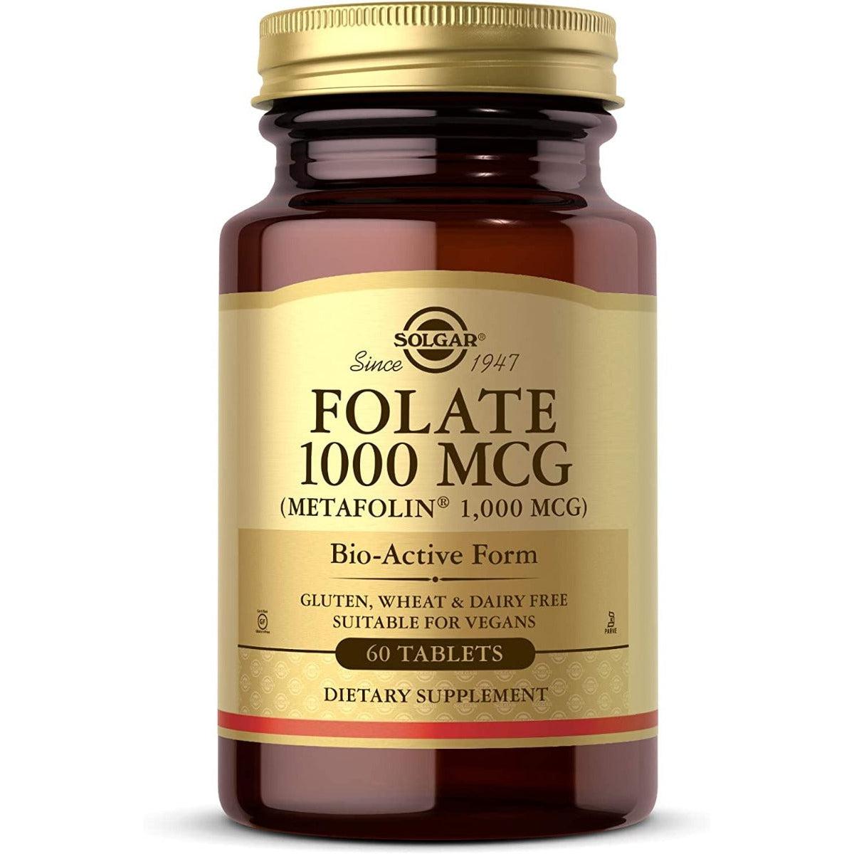Solgar Folate 1000 MCG (Folic Acid) Vitamin B9 Non-GMO 60 Vegan Tablets