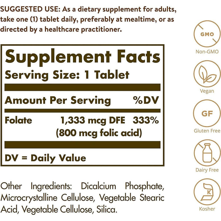 Solgar Folate 1333 MCG Folic Acid 800 MCG Vegan 100 Tablets