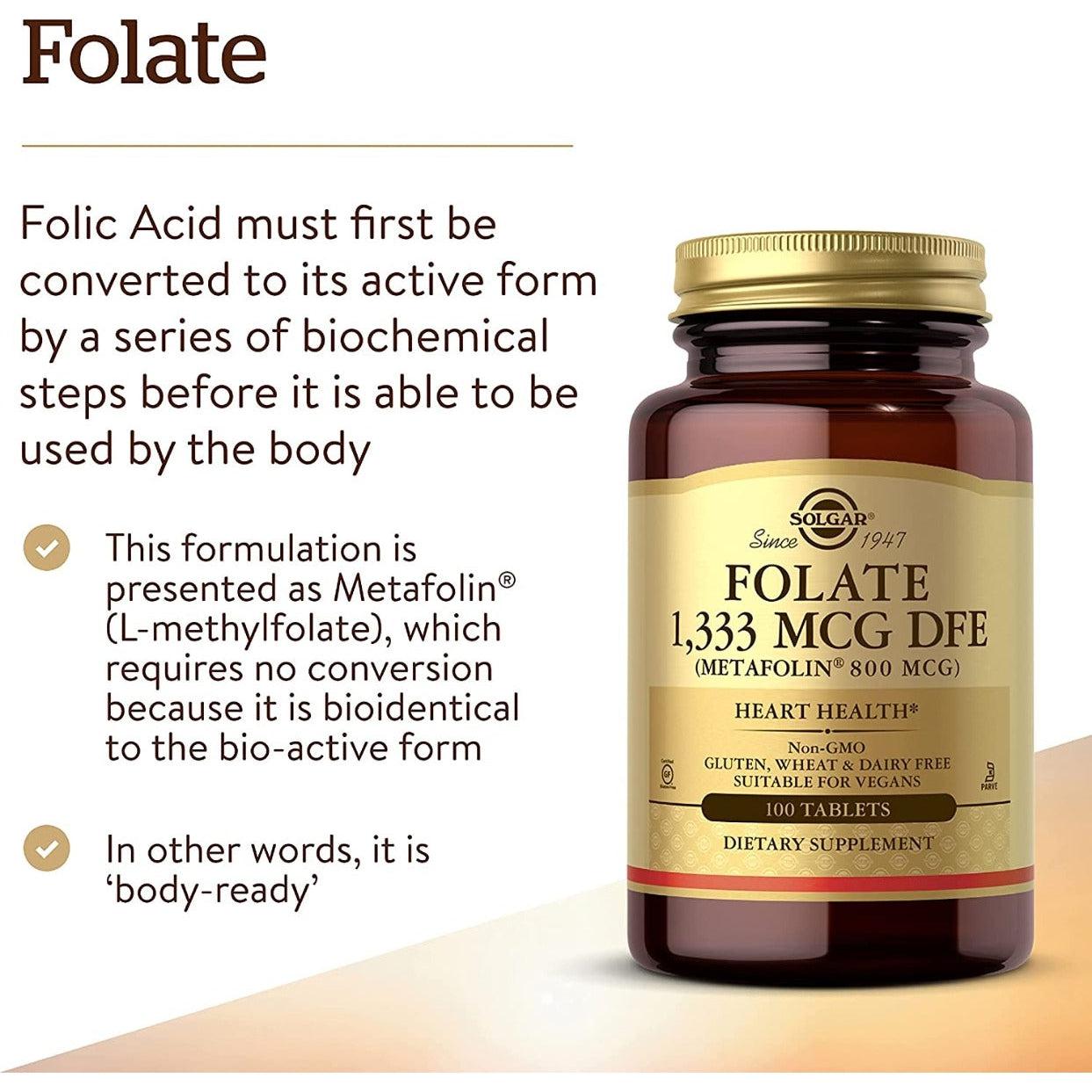 Solgar Folate 1333 MCG Folic Acid 800 MCG Vegan 100 Tablets