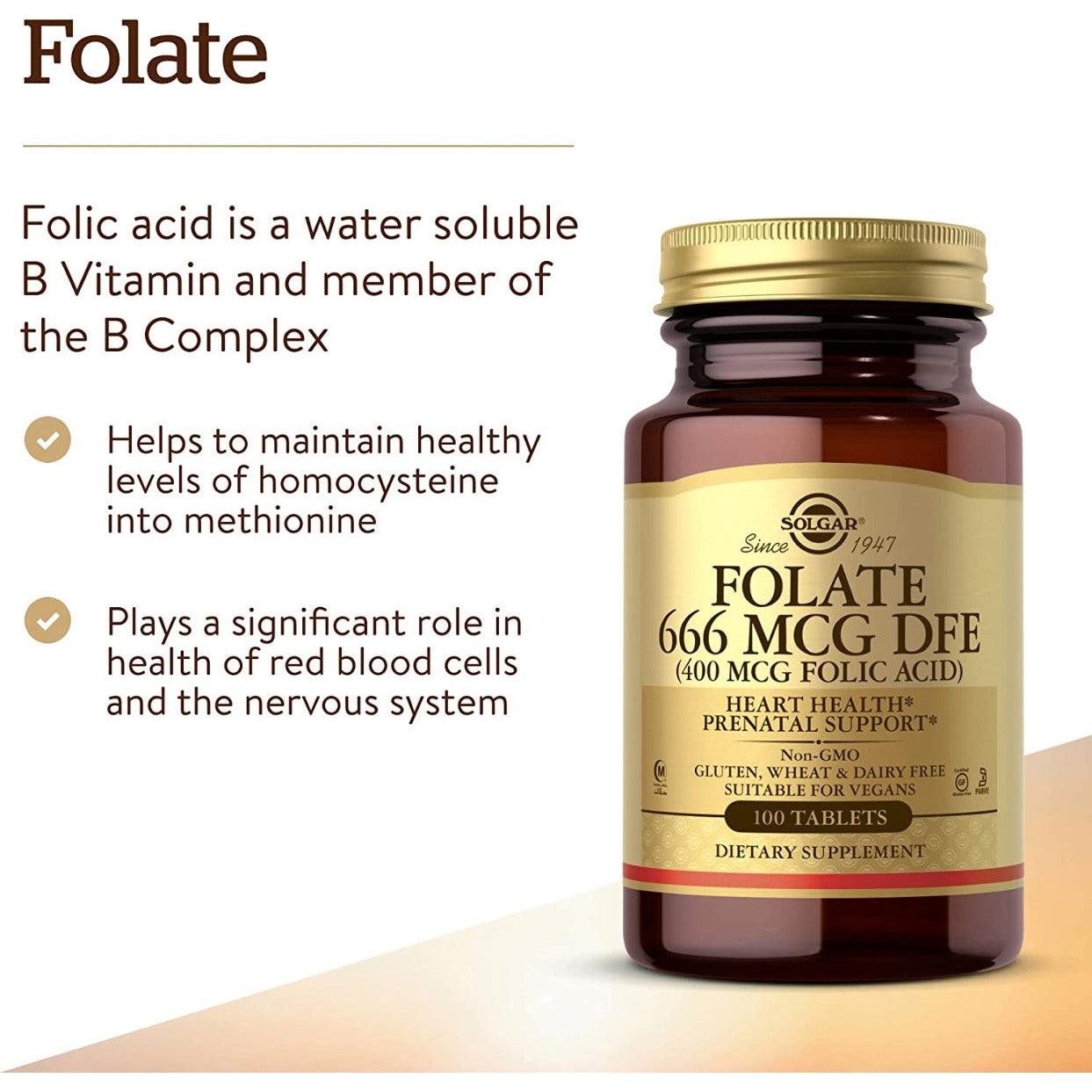 Solgar Folate 666 MCG Folic Acid 400 MCG Vitamin B9 Non-GMO 100 Vegetable Capsules