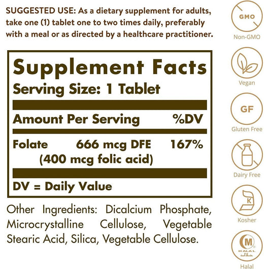 Solgar Folate 666 MCG Folic Acid 400 MCG Vitamin B9 Non-GMO 100 Vegetable Capsules