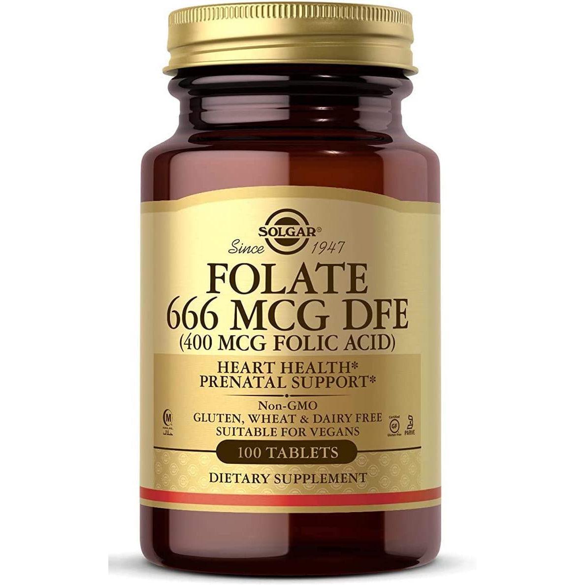 Solgar Folate 666 MCG Folic Acid 400 MCG Vitamin B9 Non-GMO 100 Vegetable Capsules