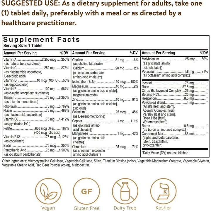 Solgar Formula VM-75 Iron Free Multivitamins with Chelated Minerals 60 Tablets Vegan Gluten Free