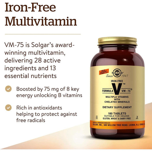 Solgar Formula VM-75 Iron Free Multivitamins with Chelated Minerals 60 Tablets Vegan Gluten Free