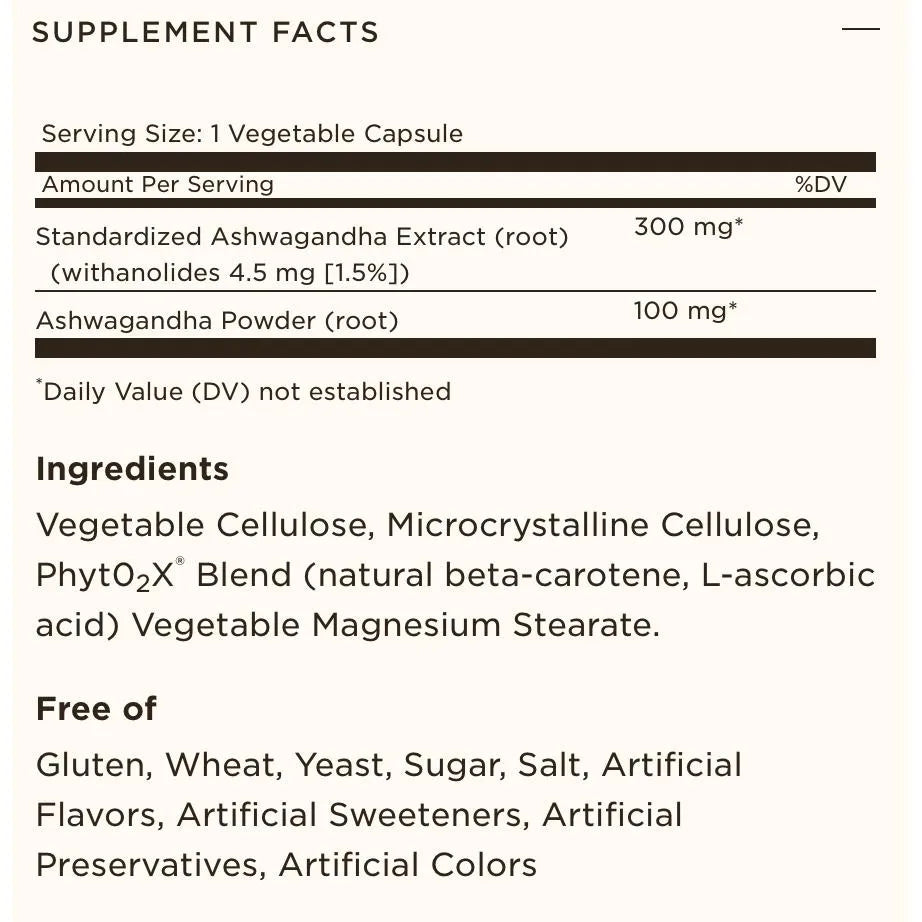 Solgar Full Potency Ashwagandha Root Extract Vegan Non-GMO Gluten Free 60 Vegetable Capsules