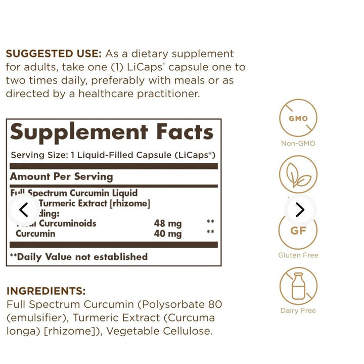 Solgar Full Spectrum Curcumin 60 Licaps Non-GMO Vegan Gluten Free