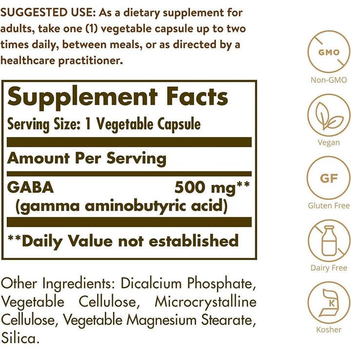 Solgar GABA 500mg Nervous System Support 100 Vegetable Capsules