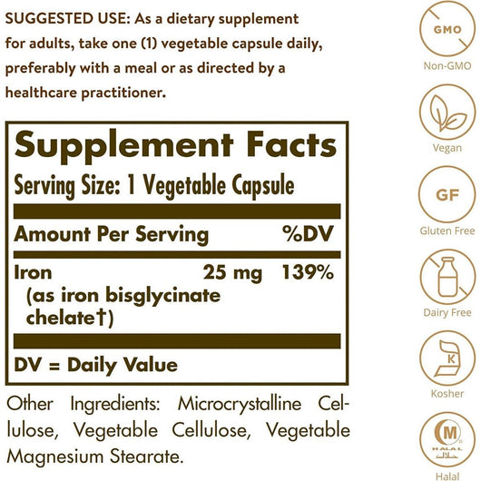 Solgar Gentle Iron Bisglycinate Non-constipating 180 Vegetable Capsules