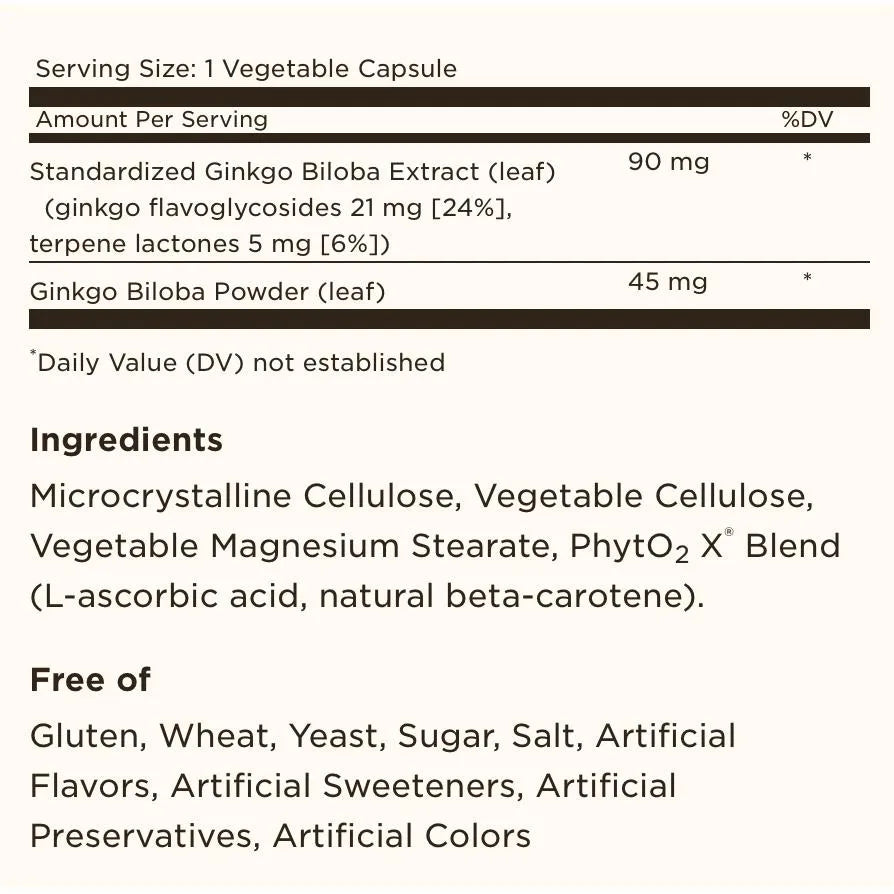 Solgar Ginkgo Biloba Leaf Extract Standardized Full Potency 60 Vegetable Capsules