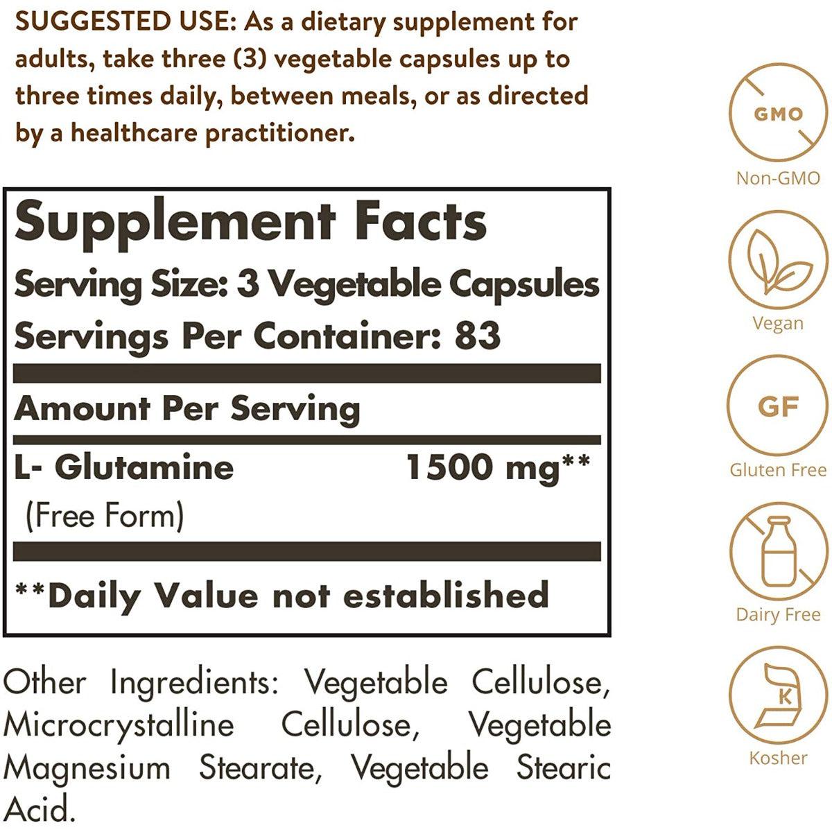 Solgar L-Glutamine 500mg Non-GMO Gluten Free Dairy Free Vegan 100 Veg Capsules