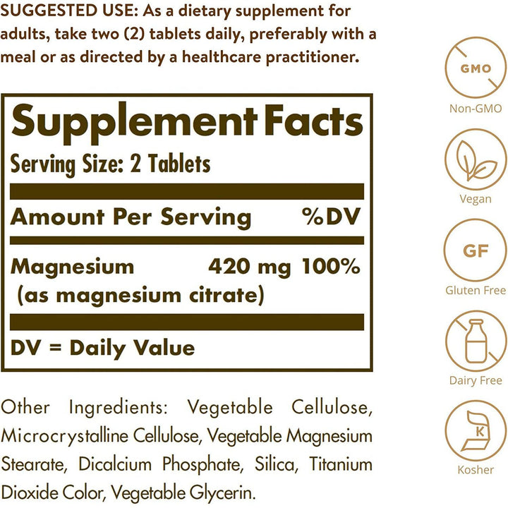 Solgar Magnesium Citrate Non-GMO Vegan 120 Tablets