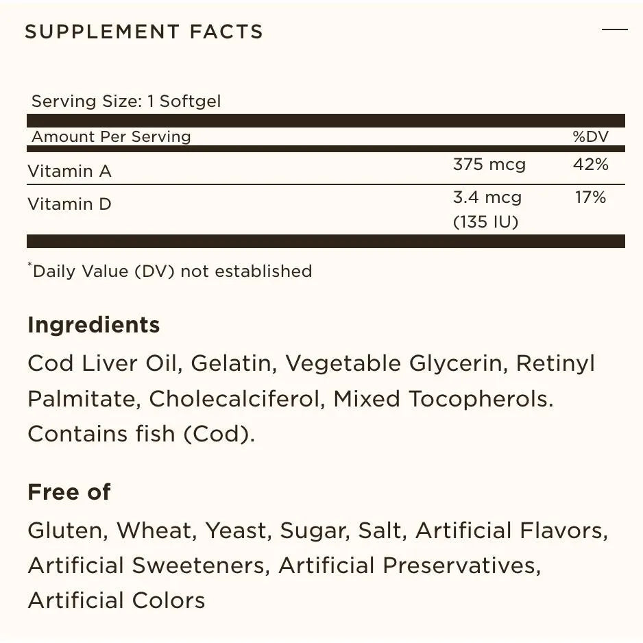 Solgar Norwegian Cod Liver Oil Vitamins A & D Non-GMO Gluten Free Dairy Free 100 Softgels