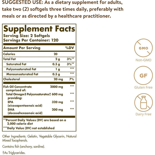 Solgar Omega 3 Fish Oil Concentrate non-GMO, gluten- and dairy-free 240 Softgels