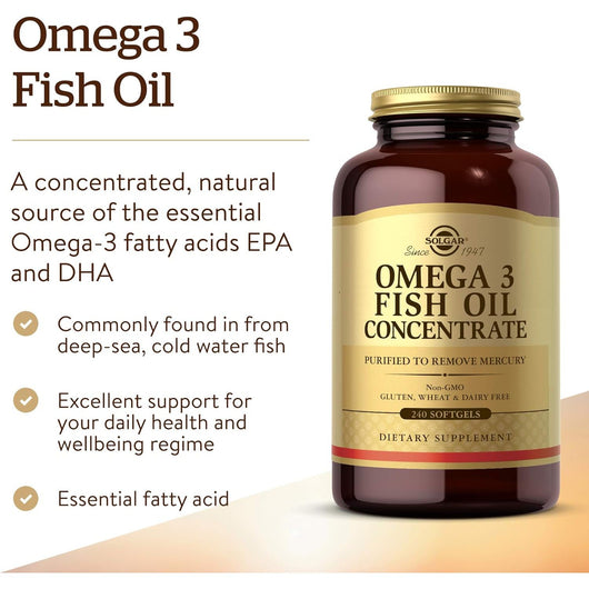 Solgar Omega 3 Fish Oil Concentrate non-GMO, gluten- and dairy-free 240 Softgels