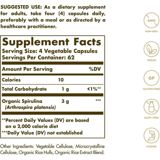 Solgar Organic Hawaiian Spirulina 750mg 250 Tablets