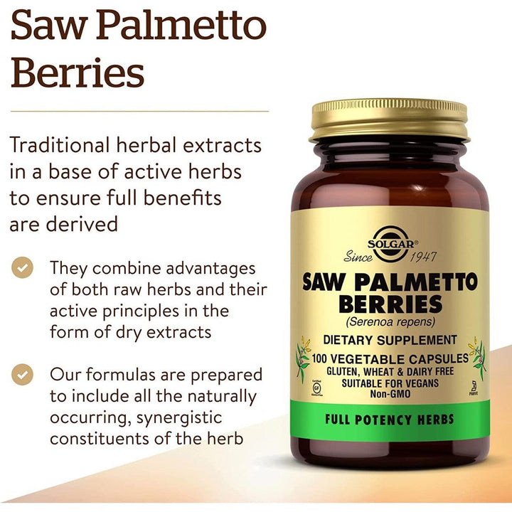 Solgar Saw Palmetto Berries Full Potency Non-GMO Vegan Gluten Free Dairy Free 100 Veg Capsules