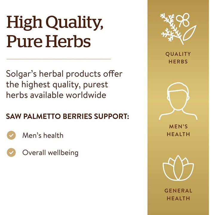 Solgar Saw Palmetto Berries Full Potency Non-GMO Vegan Gluten Free Dairy Free 100 Veg Capsules