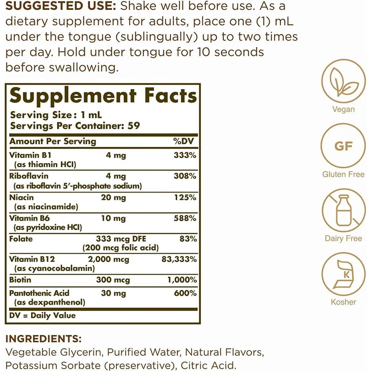 Solgar Sublingual Liquid Vitamin B12 2000 mcg with B-Complex Vegan Gluten Free 59ml
