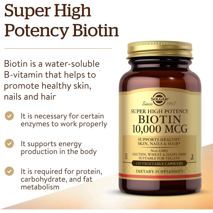 Solgar Super High Potency Biotin 10,000 MCG Promotes Healthy Skin, Nails & Hair - Super High Potency - Non-GMO, Vegan, Gluten, Dairy Free 120 Vegetable Capsules