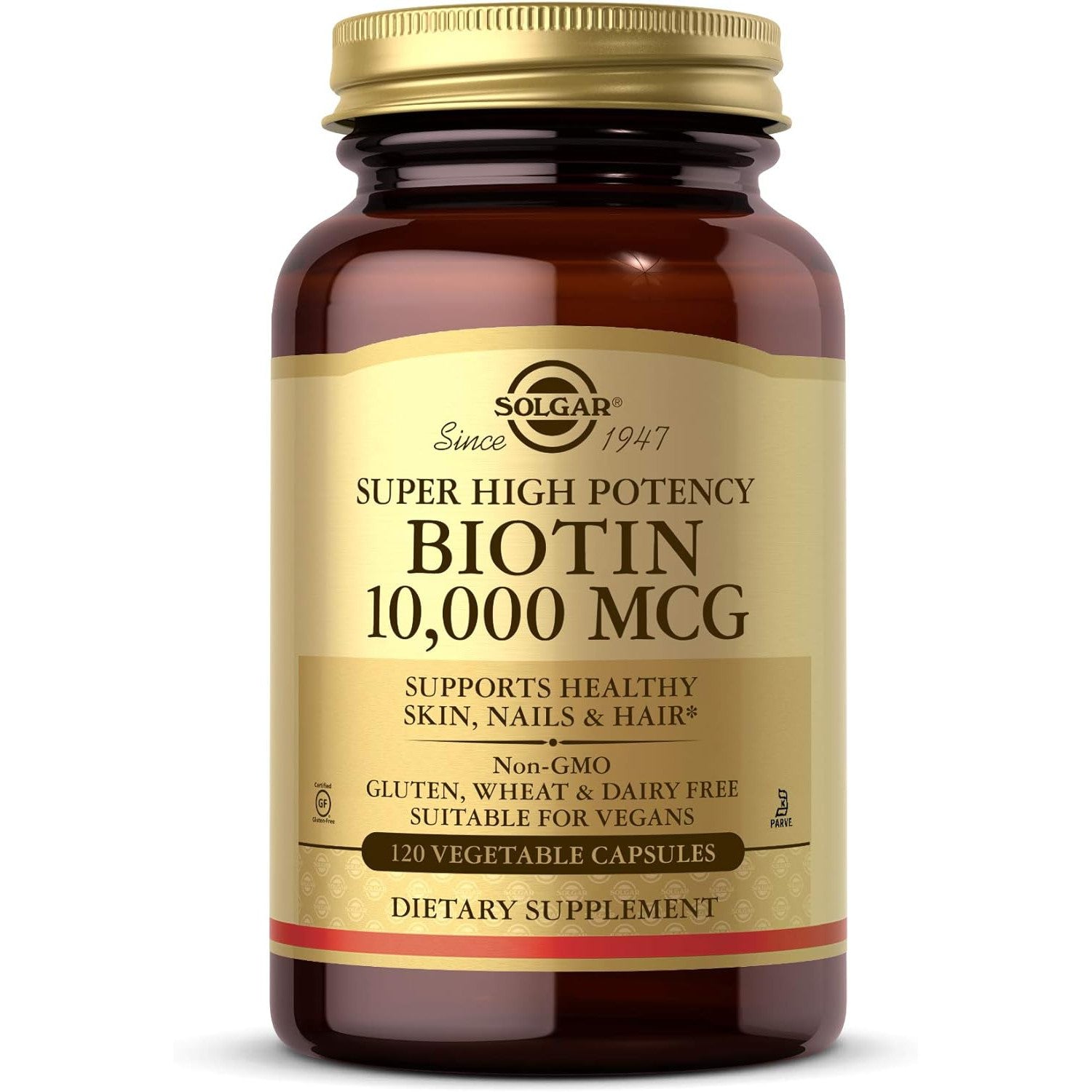 Solgar Super High Potency Biotin 10,000 MCG Promotes Healthy Skin, Nails & Hair - Super High Potency - Non-GMO, Vegan, Gluten, Dairy Free 120 Vegetable Capsules