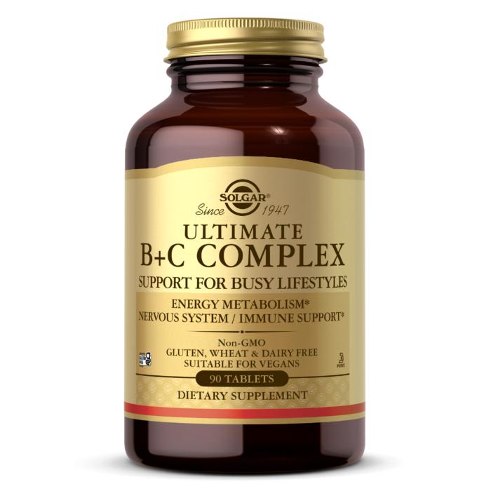 Solgar Ultimate B+C Complex Vitamin B Complex with Vitamin C Complex Gluten Free Dairy Free Vegan 90 Vegan Tablets