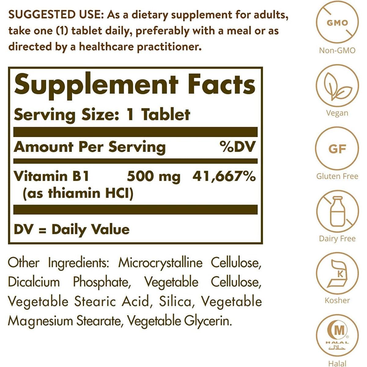 Solgar Vitamin B1 ( Thiamin ) 500 mg 100 Tablets Non-GMO Vegan Gluten Free Dairy Free