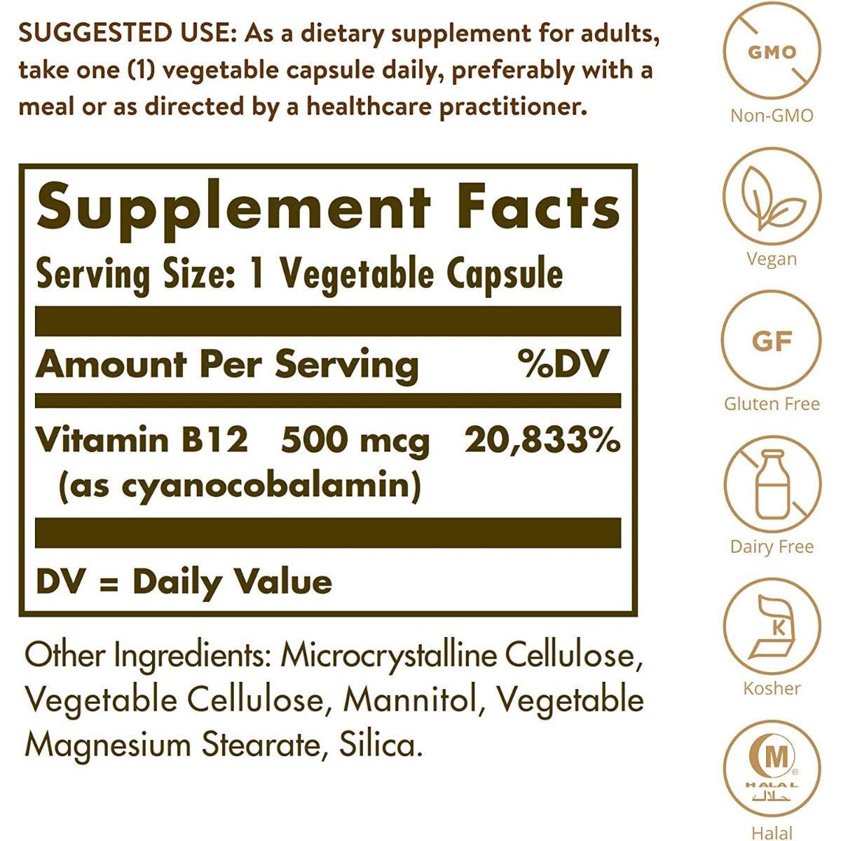 Solgar Vitamin B12 500 MCG 100 Vegetable Capsules